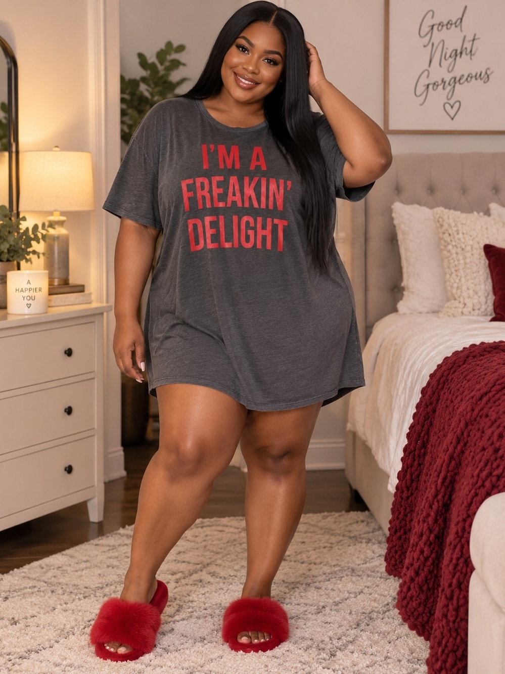 Plus Size Charcoal Sleep Tee with Red Slogan